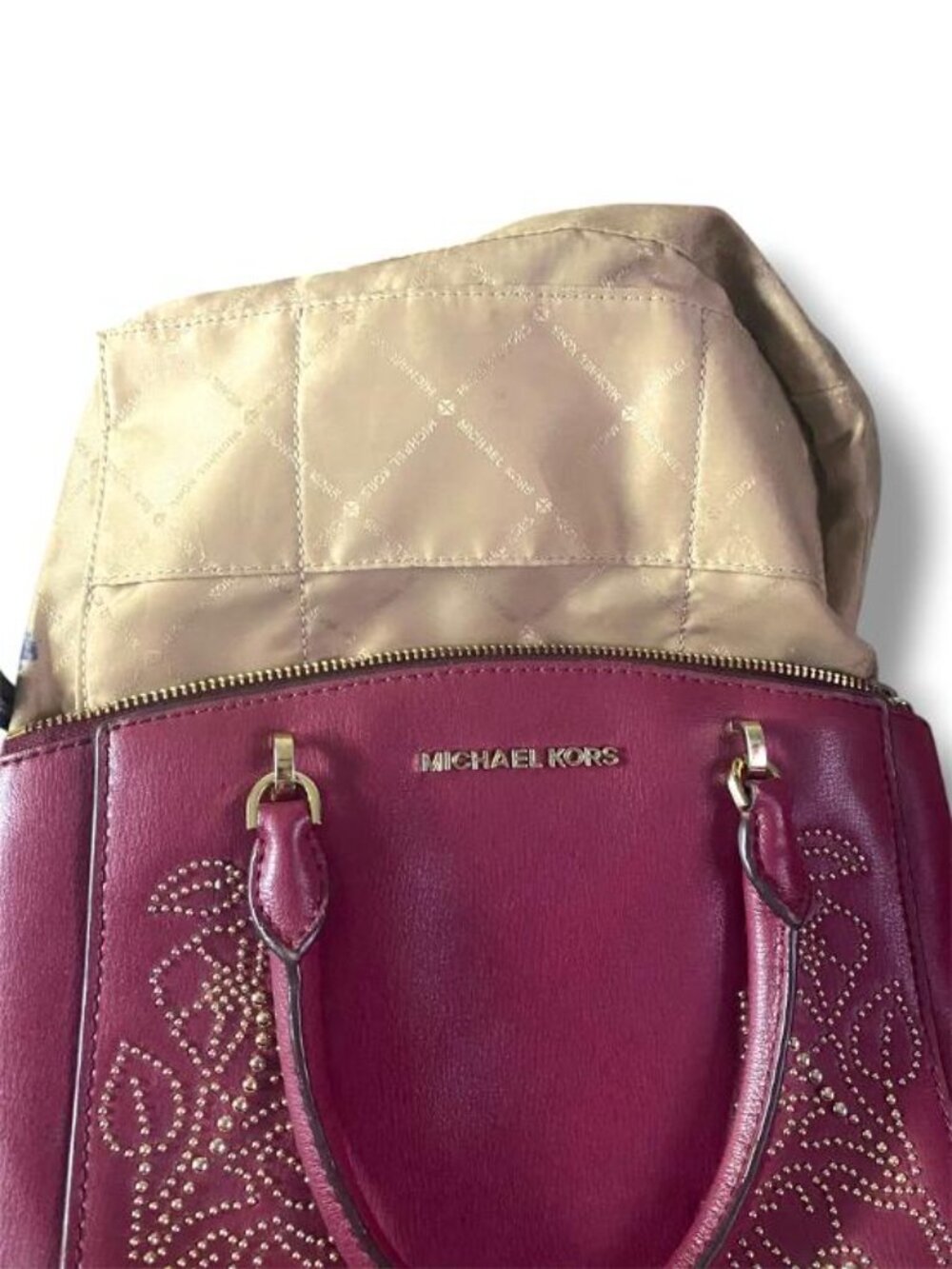 Michael Kors Burgundy Floral Studded Leather 2Way Shoulder Handbag Tote Gold - Picture 2 of 3